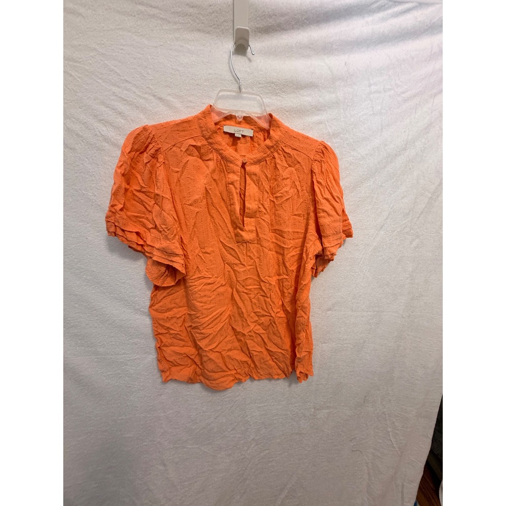 Loft Womens XL Orange Dobby Stripe Short Sleeve Split Neck Blouse Top RN140923